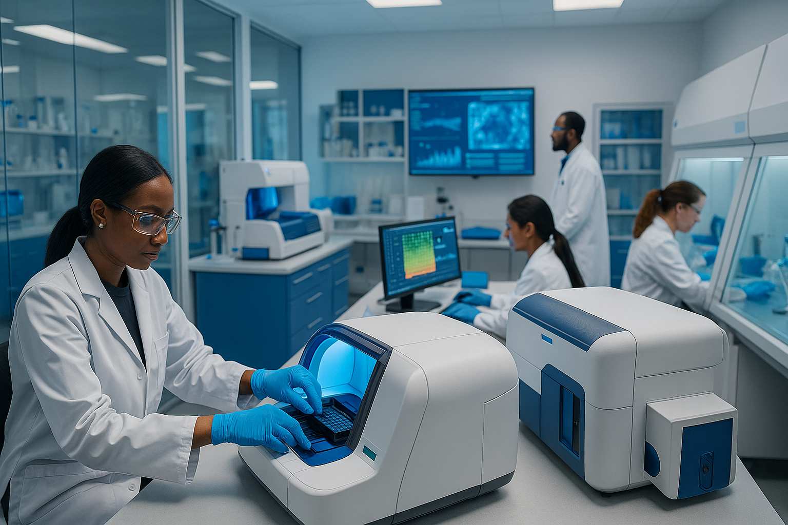 Advanced laboratory equipment, computer screens, and analysis devices in a modern research environment