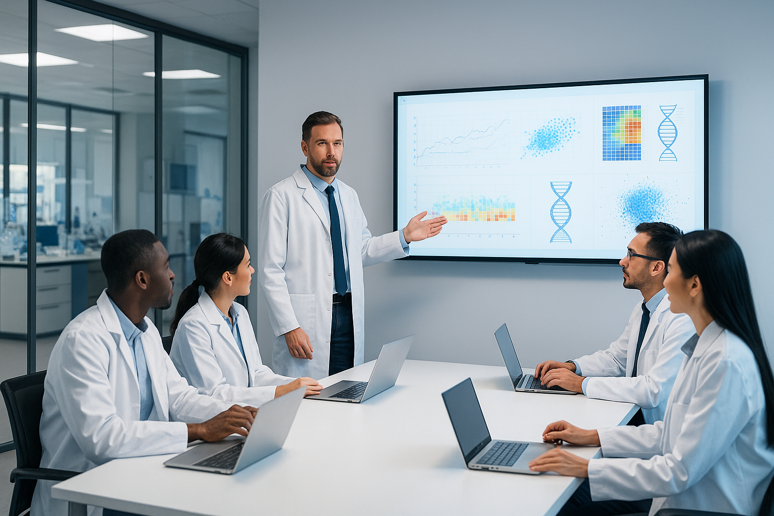 Research team meeting, scientists in white coats working on charts and data